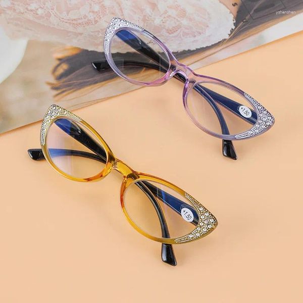 Lunettes de soleil Anti Blue Light Lunettes Diamond Cat Eye Lunettes de lecture Femmes Vintage Cadre Mode Presbyte Lunettes Diopte 1.0 à 3.5