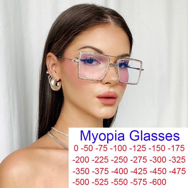 Lunettes de soleil Anti lumière bleue strass myopie lunettes femmes rétro Double ponts métal cadre myope lunettes Vintage carré