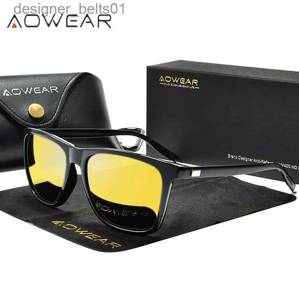 Lunettes de soleil AOWEAR lunettes De Vision nocturne hommes aluminium jaune lentille lunettes De soleil hommes polarisées nuit sécurité conduite lunettes Oculos Gafas De SolL231218