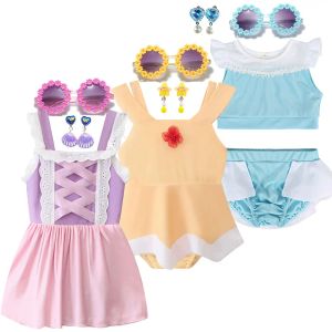 Zonnebril Baby Girls Beach Bikini Swimsuit 2024 Kinderen Rapunzel Onepiece badkleding met zonnebril en oorbellen Kind zomer Zwemoutfit