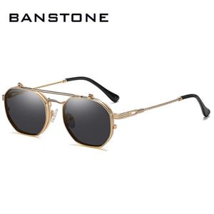 Lunettes de soleil Banstone Vintage Steampunk Style Tint Ocean Lens Metal Flip Up Clamhell Brand Design Sun Glasses 324A