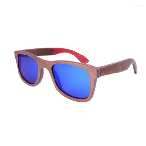 Lunettes de soleil BerWer Skateboard Cadre marron en bois avec revêtement Lunettes de soleil en bois miroir UV 400 Lentilles de protection