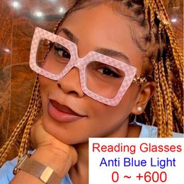Gafas de sol Big Frame Anti-Blue Light Gass Mujeres Mujeres de la cadena de metal de moda anteojos rosados ​​a cuadros Lectura cuadrada de gran tamaño femenina