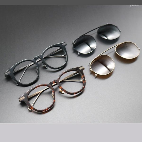 Gafas de sol Diseño de marca Vintage Round Acetate Eyeglasses Marco de alta calidad Clips polarizadores de doble propósito para hombres y mujeres