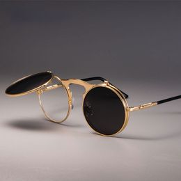 Zonnebril Merk Designer Ronde Mannen Vrouwen Vintage Metalen Zonnebril Voor Vrouwelijke Mannelijke Flip Steampunk 230707