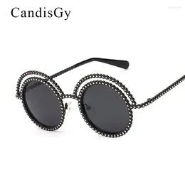 Lunettes de soleil CandisGy Vintage dentelle ronde marque Designer strass femmes Hipster miroir dame UV400 rétro lunettes de soleil cercle cadre