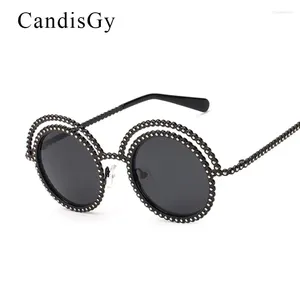 Zonnebril CandisGy Vintage Kant Ronde Merk Designer Strass Vrouwen Hipster Spiegel Dame UV400 Retro Zonnebril Cirkelframe