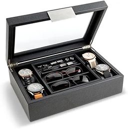 Étuis à lunettes de soleil Boîte à bijoux pour homme – Peut contenir 6 montres, 12 boutons de manchette, 2 plateaux de rangement pour lunettes de soleil – Étui pour montre pour homme – Organisateur en fibre de carbone avec Mak 231027