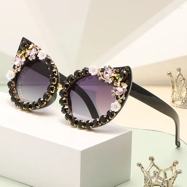 Gafas de sol ojo de gato flores coloridas diamantes de imitación fiesta gafas de sol marca diseñador lujo gradiente té lentes sombras Uv400