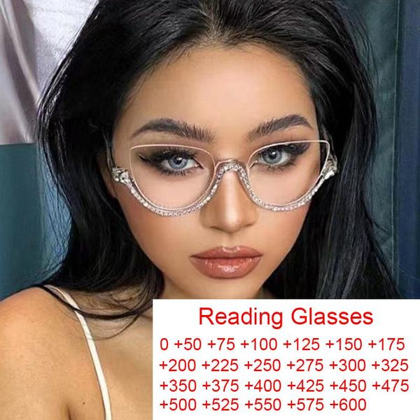 Gafas de sol Clear Diamond Cat Eye Gafas de lectura Mujer Moda Anti Blue Light Half Frame Rhinestone Luxury Designer Eyeglasses 3Sunglasses