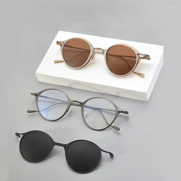 Lunettes de soleil rondes en titane pour hommes et femmes, Clip de haute qualité, Vintage, Style fait à la main, de styliste, pour la conduite et le voyage