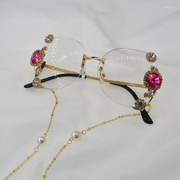 Lunettes de soleil diamant baroques femmes marque cadre sans monture chaîne de plage perle lunettes de soleil carrées pour lunettes