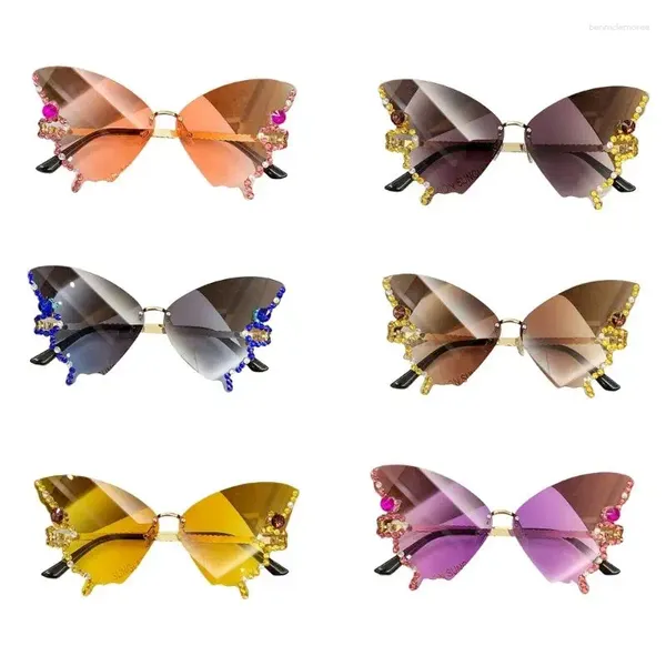 Lunettes de soleil diamant papillon femmes sans monture petit visage strass Bling lunettes de chat