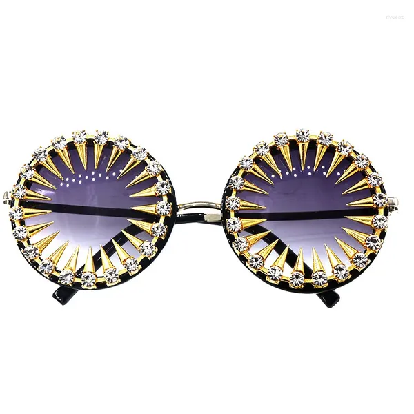 Lunettes de soleil DIY Fashion Round Diamond Fame Femme Females Eyewars Rivet Decoration Retro Ladies Party Sun Glasse