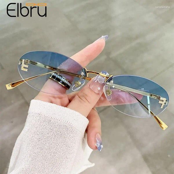Lunettes de soleil Elbru femmes hommes métal monnaie sans gradient ovale verres de soleil mode diamant lettre uv400 lunettes