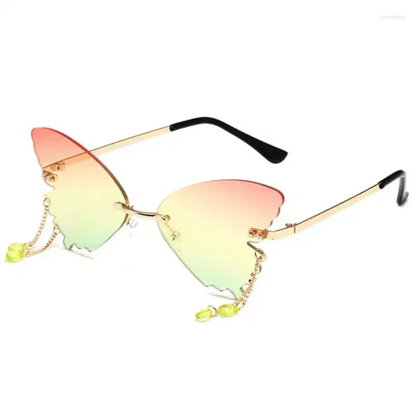 Lunettes de soleil mode papillon femmes UV400 pendentif créatif métal sans monture nuances en plein air voyage fête lunettes décoratives