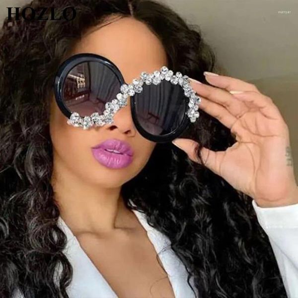 Lunettes de soleil mode extra large cadre personnalité sertie de diamants grand rond asymétrique fête rue po effectuer des lunettes