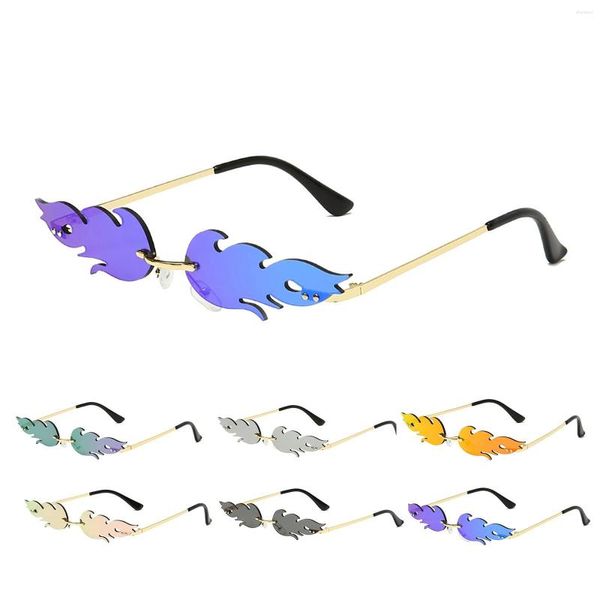 Lunettes de soleil mode drôle petit cadre lunettes fête d'été sans monture lunettes colorées métal flamme club lunettes forme de feuille nuances intégrées