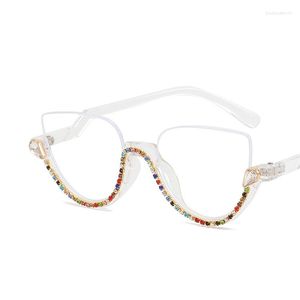 Lunettes de soleil mode luxe diamant bleu résistant à la lumière demi-monture lunettes décoration de fête femmes tendance plat optique