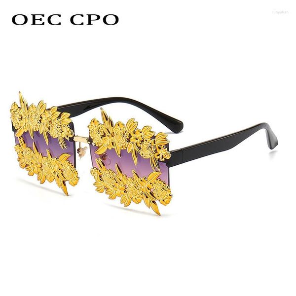 Lunettes de soleil mode métal sculpture fleurs femmes hommes sans monture lunettes de soleil dame tendances lunettes fête lunettes UV400