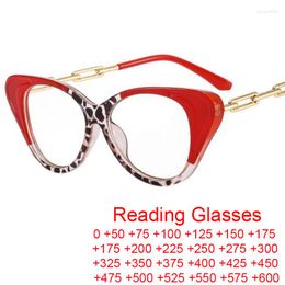 Gafas de sol Moda Cadena de metal Ojo de gato Gafas de lectura Mujeres Diseñador de la marca Anti Luz azul Marcos de anteojos Leopardo rojo Óptico 2 3