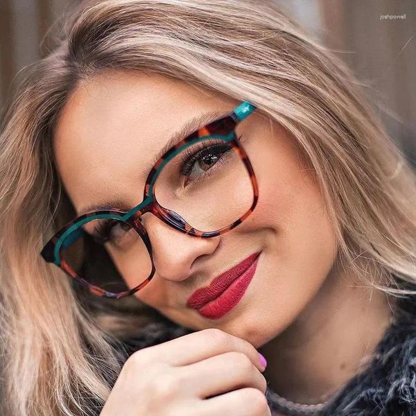 Gafas de sol Fashion Plastic Titanium Azul Bloqueo Gafas Gafas Square Leopard Seopard Eyeglases Big Frame Computer Ev400