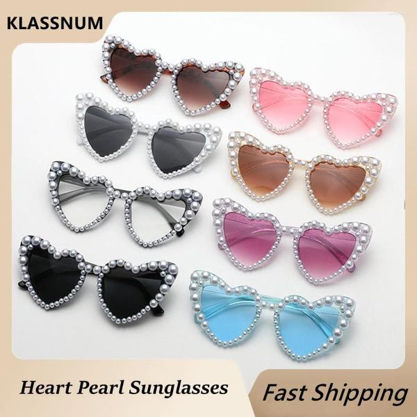 Lunettes de soleil mode rétro en forme de coeur perle cadre UV400 femmes oeil de chat rose lunettes tendance plage nuances fête lunettes de soleil