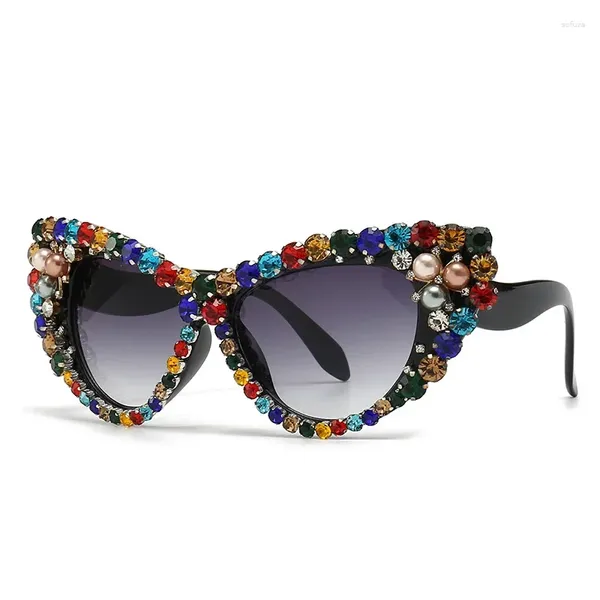 Lunettes de soleil mode strass lumière luxe oeil de chat lunettes de protection solaire personnalité UV400 décontracté lunettes noires pour adultes femmes hommes