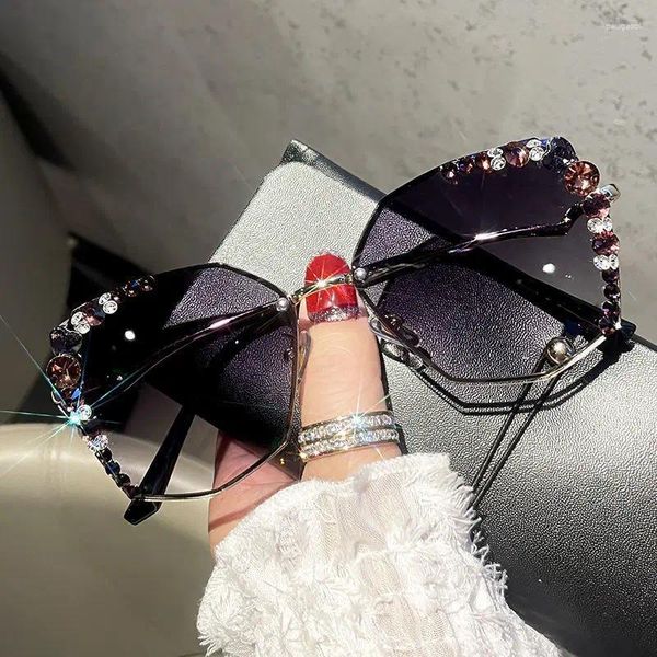 Gafas de sol Moda Sin montura Mujeres Bling Rhinestone Gafas de sol Anti-UV Lujo Metal Cuadrado Diamante Mujer Sombra Gafas