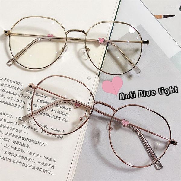 Lunettes de soleil Fashion Round Cadre bleu Lumières Blocage mignon Cœur Alloy Metal Femmes Computer Eyes Protection Spectacles