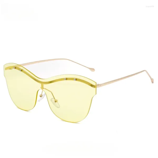 Gafas de sol redondas de moda para mujer, gafas sin montura de diseñador, montura amarilla, lentes de gran tamaño, sol femenino UV400, gafas frescas para mujer