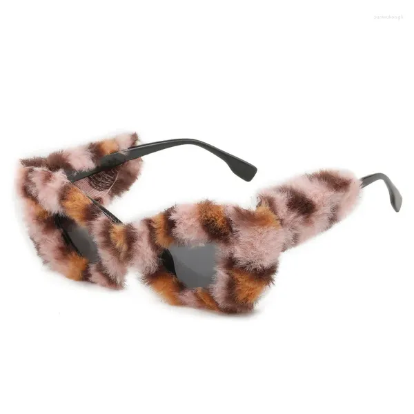 Lunettes de soleil mode femmes yeux de chat lunettes de soleil hiver en peluche lunettes de soleil drôle fête décoration lunettes à la mode léopard fourrure cadre