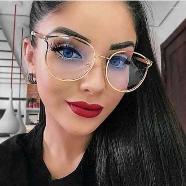 Gafas de sol Feishini Anti luz azul Gafas Marco Oval Bloqueo Filtro Reduce Cat Eye Eyewear Metal Clear Computer Mujeres