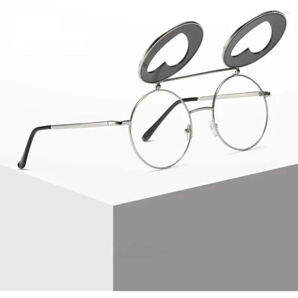 Gafas de sol femeninas de moda estilo punk gafas de sol masculinas diseñador vintage unisex metal amor flip gafas de sol gafas de marco redondo