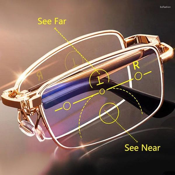 Lunettes de soleil verres de lecture pliants portables Porgotable Biofocal Eyewear Mens Parent Anti-Blue Ray Presbype Eyeglasse avec étui en cuir