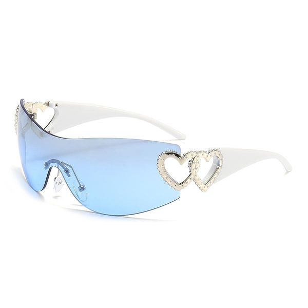 lunettes de soleil pour femmes Lunettes de soleil de marque de luxe pour hommes Heart to Heart One-piece mirro Lunettes de soleil sans monture Lunettes de protection solaire marée Y2K Lunettes 3541 bleu mer