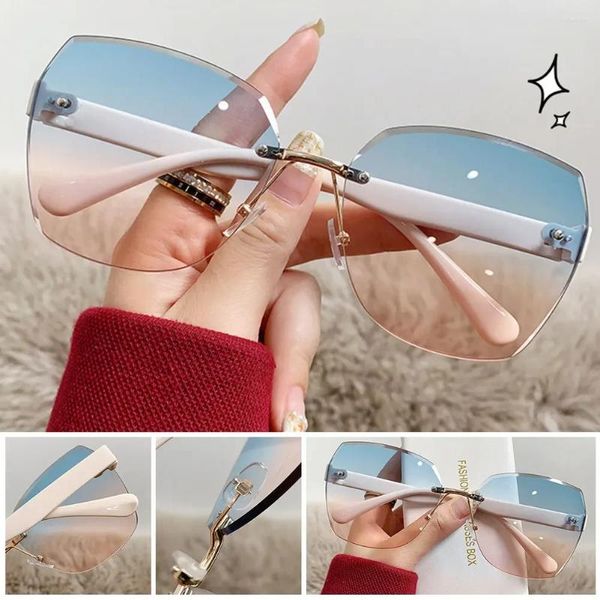 Lunettes de soleil sans cadre Cut Edge Dual Color Gradient Summer Beach Fashion Fashion Women Aprofing Glasses