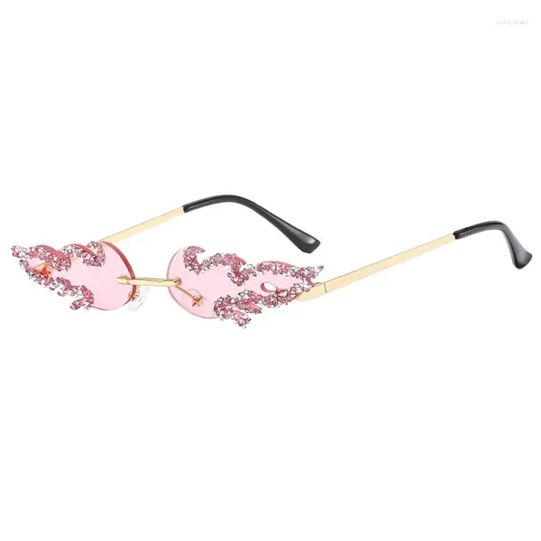 Lunettes de soleil sans cadre Glitter Diamond Flame Personnalisé Luxe Brillant Cristal Femmes Lunettes Sans Monture Bling Strass Lunettes