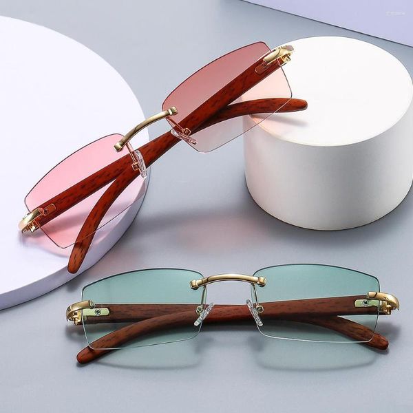 Lunettes de soleil lentille sans cadre coupe métal charnière bois Grain résistant miroir jambes Protection UV extérieure