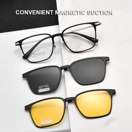 Zonnebril Frames 3 In 1 Pure Titanium Brilmontuur Mannen Vierkante Polarisatoren Nachtzicht Gepolariseerde ULTEM Magnetische Adsorptie Clip lens