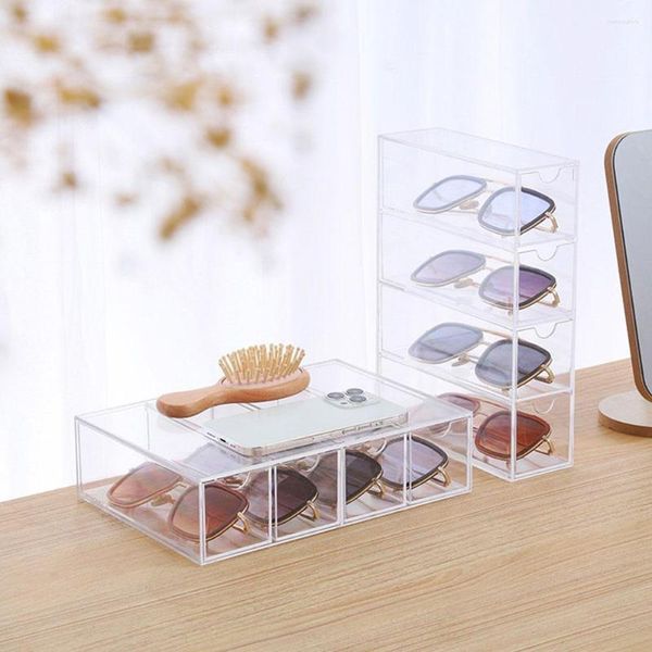 Marcos de gafas de sol de 4 capas Cajón de pantalla acrílico Tipo de almacenamiento Rack de almacenamiento Transparente Patantería de escritorio cosmético a prueba de polvo
