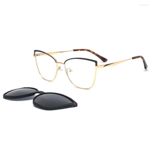 Monturas de gafas de sol Cat Eye Metal 2 en 1 Clip en montura de gafas magnéticas para mujeres Gafas ópticas para miopía polarizadas