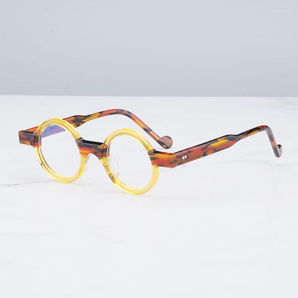 Monturas de gafas de sol Marca de diseñador Vintage Ronda Marco de gafas de color amarillo claro para hombres Estilo patchwork Acetato de alta densidad Mopyia Anteojos