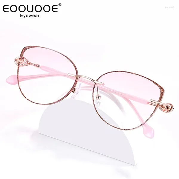 Lunettes de soleil Cadres Diamant Design Cat Eye Lunettes Femmes Lunettes sans monture Métal Oculos Rose Dégradé Coloré Prescription Lentille Gafas Anti Bleu