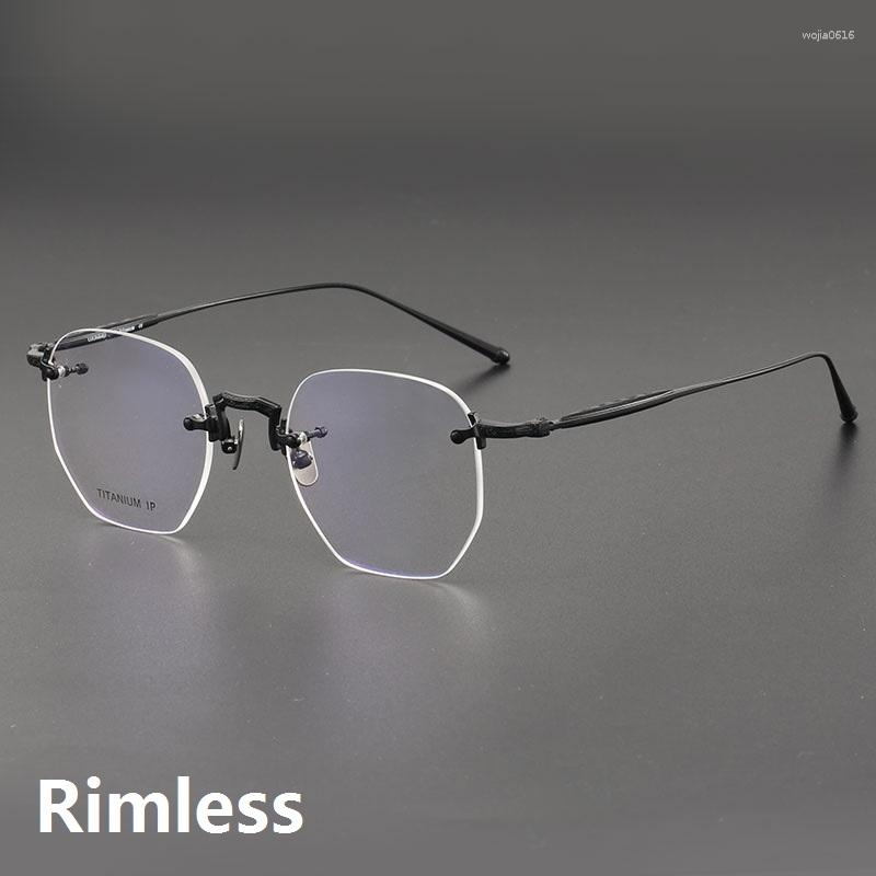 Óculos de sol quadros moda polígono óculos quadro sem aro puro titânio homens leitura óculos miopia prescrição óptica japonês artesanal