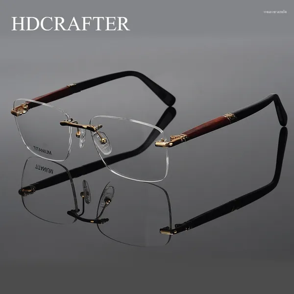 Marcos de gafas de sol HDCRAFTER Marco de gafas sin montura de titanio Hombres Anteojos ópticos de madera Receta Miopía Hipermetropía Gafas Gafas