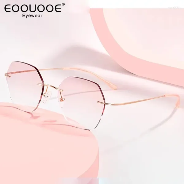 Lunettes de soleil Frames Lunettes Rimles pour femmes Men Titane Eyeglass Grey Myopia Optics Frame Gradient Sun Lens Design Eyewear