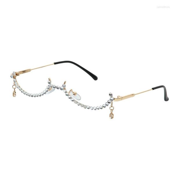 Gafas de sol Marcos Mujer Moda Medio Marco Gafas Gotas Sin Lentes Colgante Rhinestone Decoración Punto Diamante Hecho A Mano