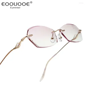Lunettes de soleil Frames Lunettes sans bord pour femmes Cadre Colored Gradient Pink Lens Myopia Hyperopia Optical Shiny Crystal Filtre Blue Light Eyewear