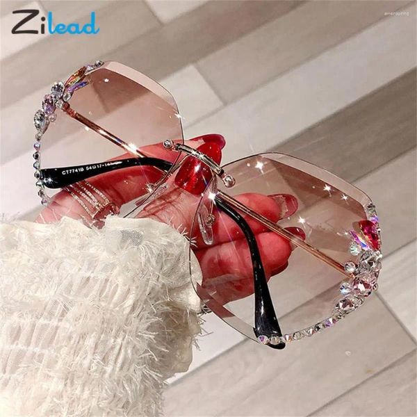 Lunettes de soleil Frames Zilead Luxury Diamond Rimless Femmes Men Hommes Brand de mode Design Glitter UV400 Sun Shades Eyeglass Unisex Eyewear Gafas